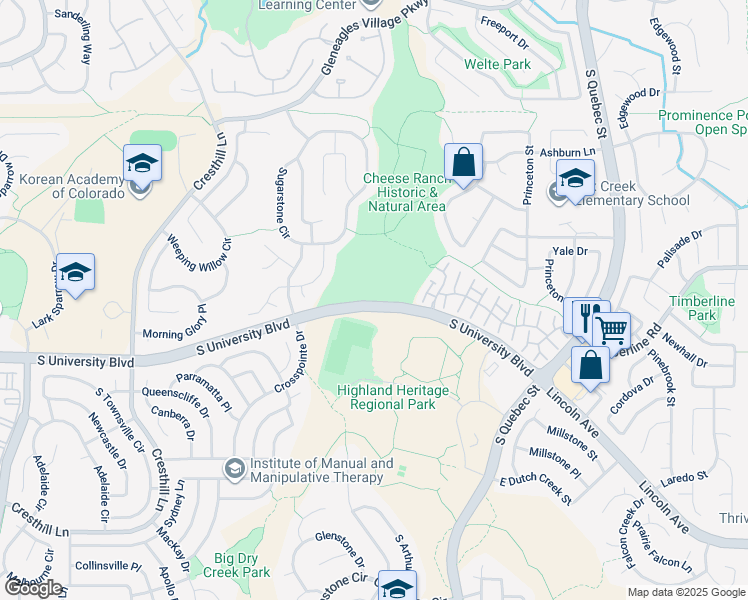 map of restaurants, bars, coffee shops, grocery stores, and more near 9566 South University Boulevard in Highlands Ranch