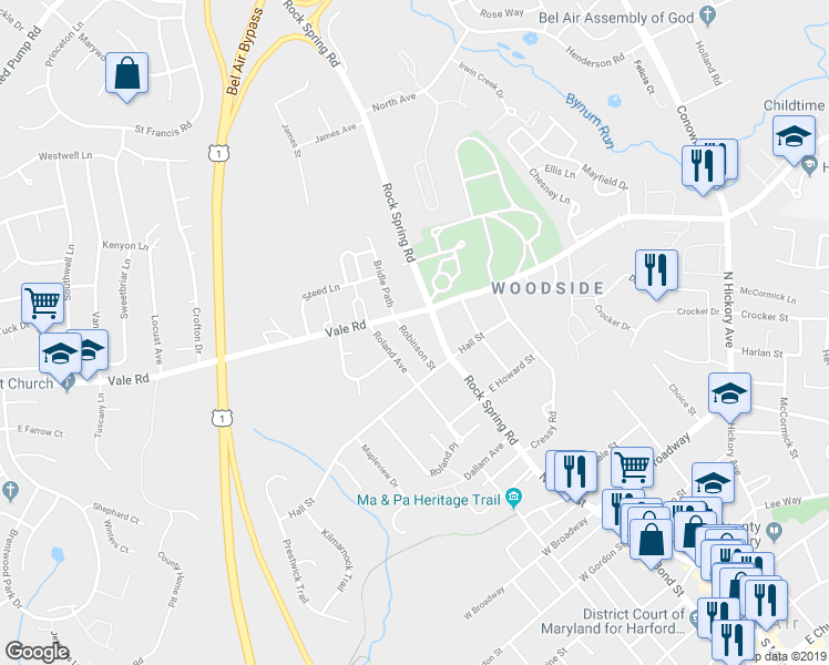 map of restaurants, bars, coffee shops, grocery stores, and more near 533 Robinson St in Bel Air