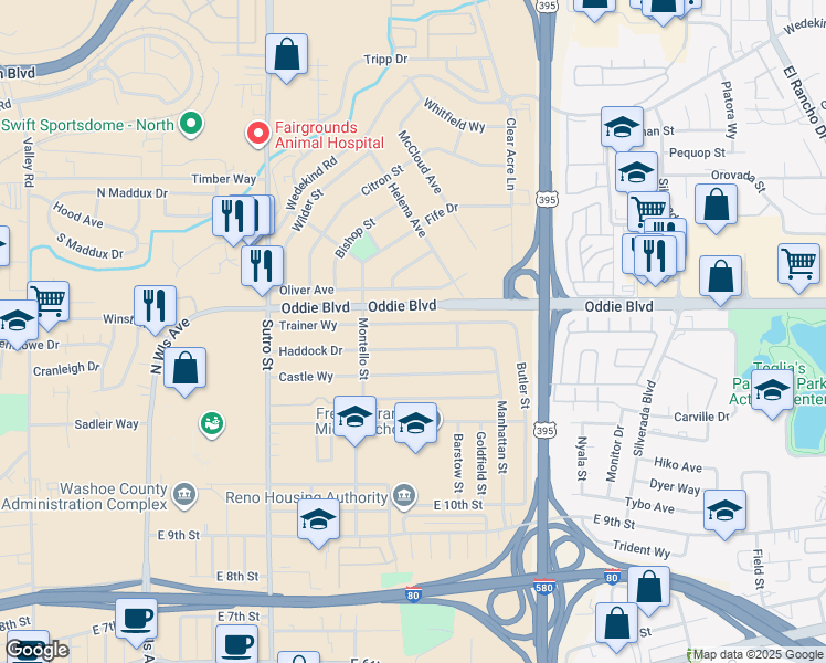 map of restaurants, bars, coffee shops, grocery stores, and more near 1670 Trainer Way in Reno