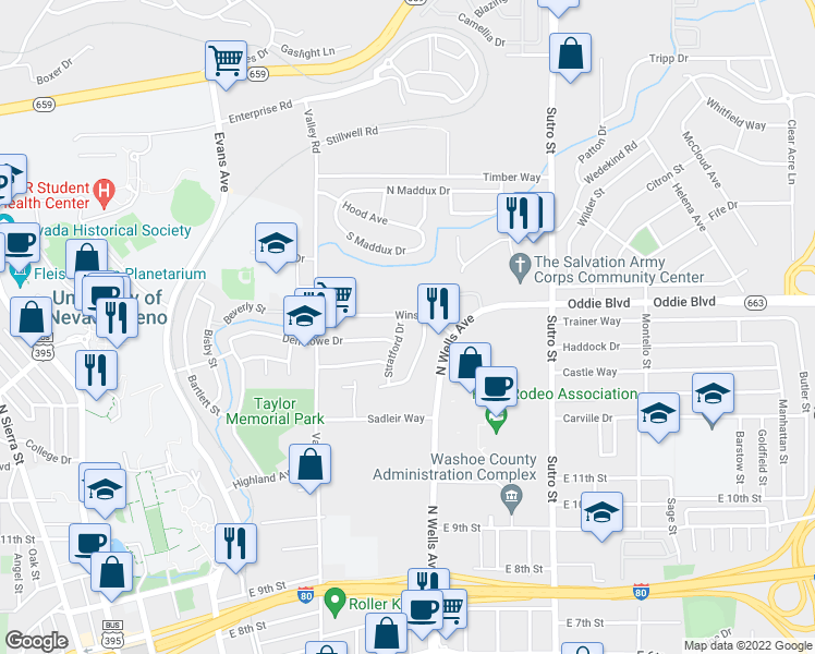 map of restaurants, bars, coffee shops, grocery stores, and more near 1782 Stratford Drive in Reno