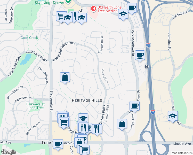 map of restaurants, bars, coffee shops, grocery stores, and more near 9430 South Silent Hills Drive in Lone Tree
