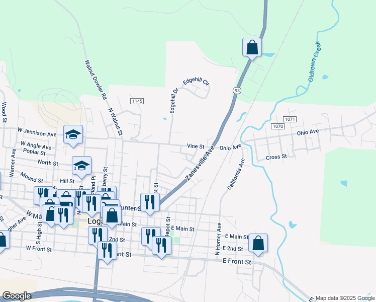 map of restaurants, bars, coffee shops, grocery stores, and more near 506 Angle Avenue in Logan