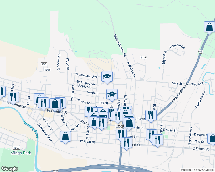 map of restaurants, bars, coffee shops, grocery stores, and more near 445 North Market Street in Logan