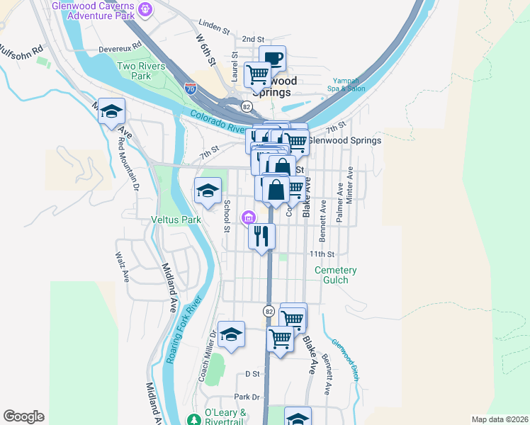 map of restaurants, bars, coffee shops, grocery stores, and more near in Glenwood Springs
