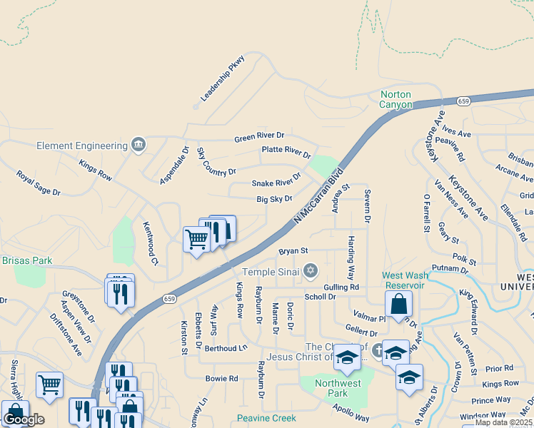 map of restaurants, bars, coffee shops, grocery stores, and more near 2977 Hacienda Way in Reno