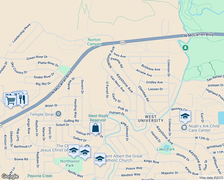 map of restaurants, bars, coffee shops, grocery stores, and more near 1701 Geary Street in Reno