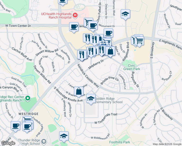map of restaurants, bars, coffee shops, grocery stores, and more near 1200 Rockhurst Drive in Highlands Ranch