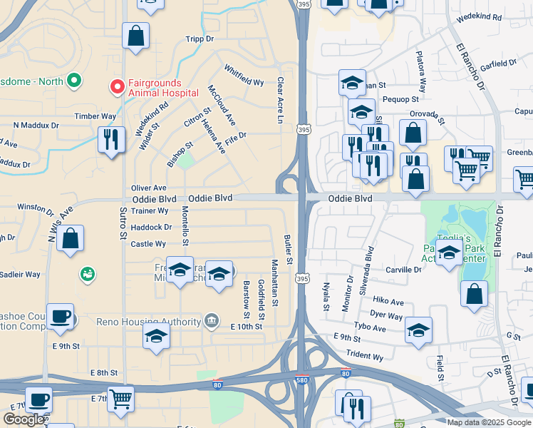 map of restaurants, bars, coffee shops, grocery stores, and more near 1960 Trainer Way in Reno