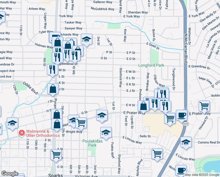 map of restaurants, bars, coffee shops, grocery stores, and more near 108 J Street in Sparks