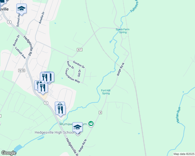 map of restaurants, bars, coffee shops, grocery stores, and more near 108 Irwin Court in Hedgesville