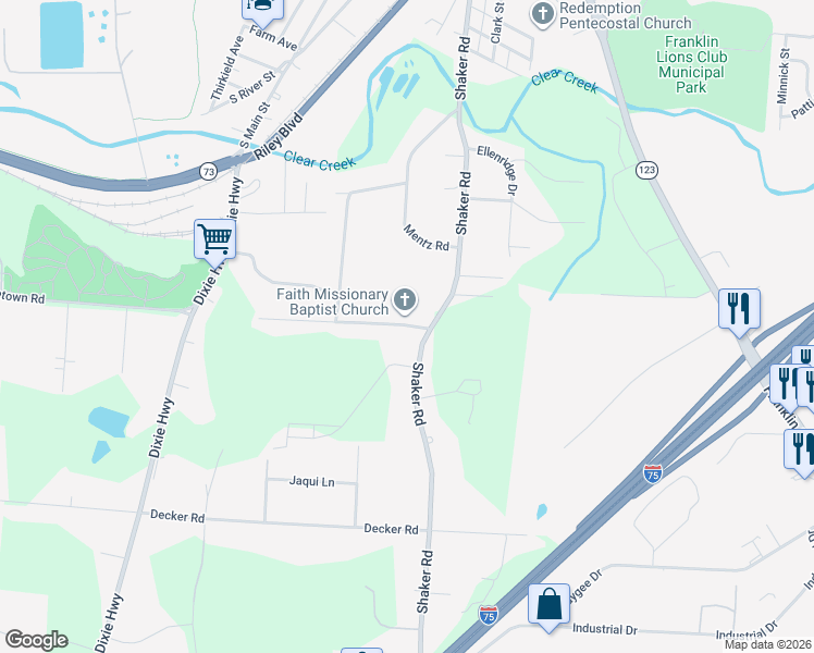 map of restaurants, bars, coffee shops, grocery stores, and more near 5731 Olive Road in Franklin