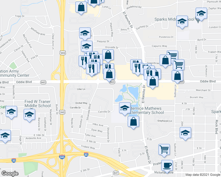 map of restaurants, bars, coffee shops, grocery stores, and more near 2699 Paradise Drive in Reno