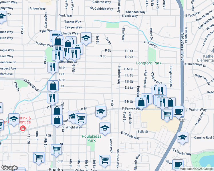 map of restaurants, bars, coffee shops, grocery stores, and more near 108 J St in Sparks