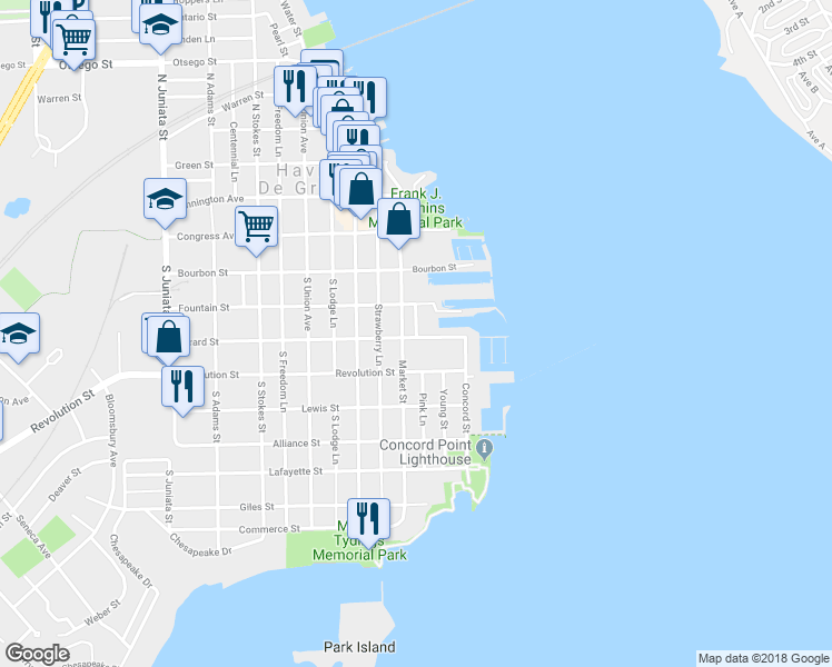map of restaurants, bars, coffee shops, grocery stores, and more near 315 Red Head Way in Havre de Grace