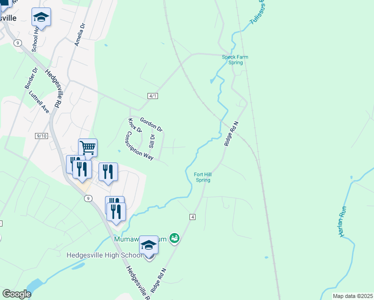 map of restaurants, bars, coffee shops, grocery stores, and more near 108 Irwin Court in Hedgesville