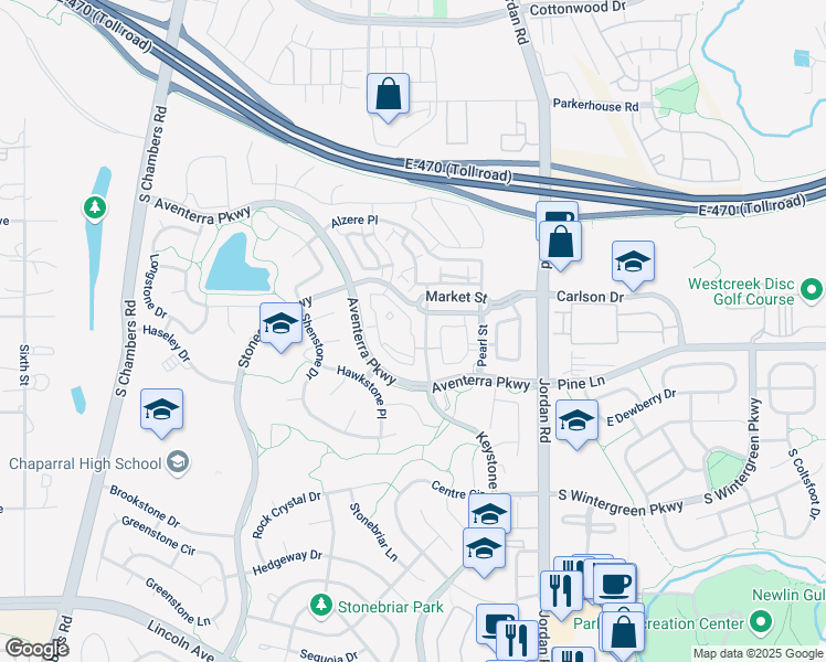 map of restaurants, bars, coffee shops, grocery stores, and more near 9382 Ashbury Circle in Parker
