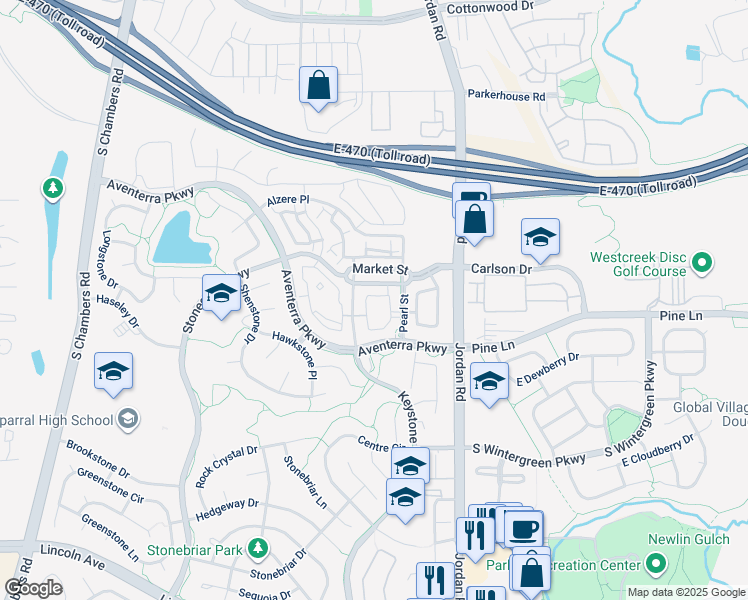 map of restaurants, bars, coffee shops, grocery stores, and more near 9552 Pearl Circle in Parker