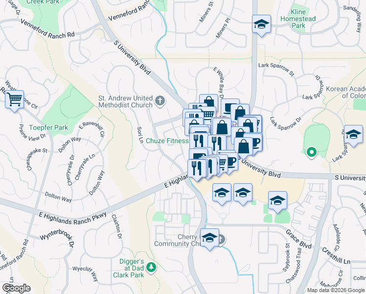 map of restaurants, bars, coffee shops, grocery stores, and more near 3301 Cascina Circle in Highlands Ranch