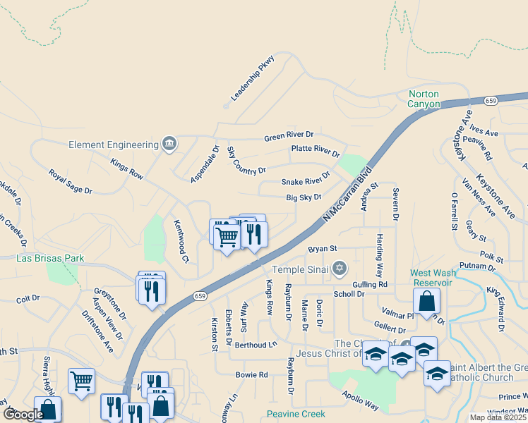 map of restaurants, bars, coffee shops, grocery stores, and more near 3540 Balboa Drive in Reno