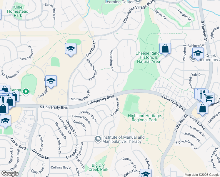 map of restaurants, bars, coffee shops, grocery stores, and more near 5511 Wickerdale Place in Littleton