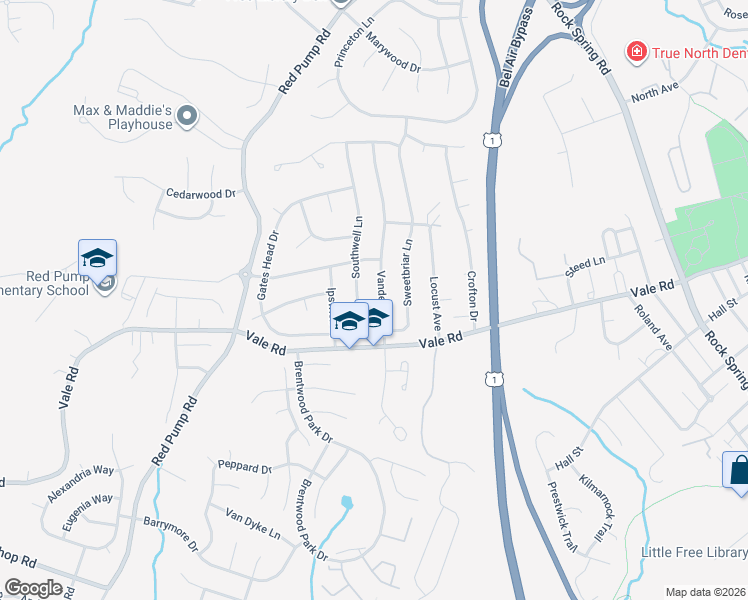 map of restaurants, bars, coffee shops, grocery stores, and more near 1312 Vanderbilt Road in Bel Air