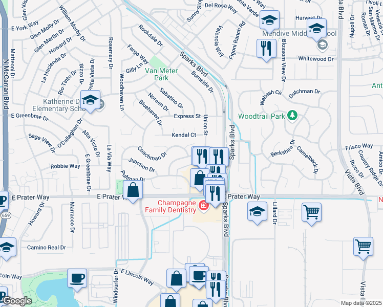map of restaurants, bars, coffee shops, grocery stores, and more near 1233 Union Street in Sparks