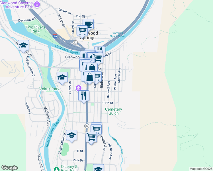 map of restaurants, bars, coffee shops, grocery stores, and more near 921 Bennett Ave in Glenwood Springs