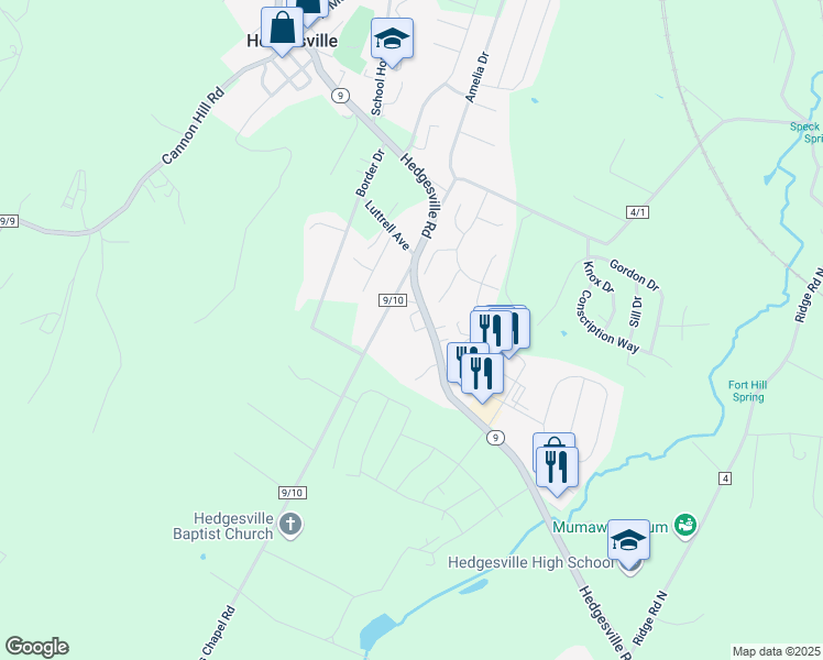 map of restaurants, bars, coffee shops, grocery stores, and more near 4217 Hedgesville Road in Hedgesville