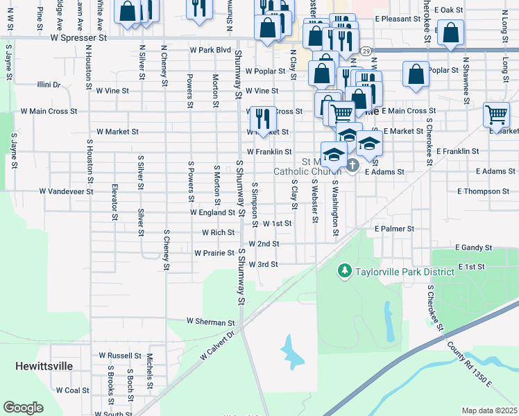 map of restaurants, bars, coffee shops, grocery stores, and more near 522 West Maple Street in Taylorville