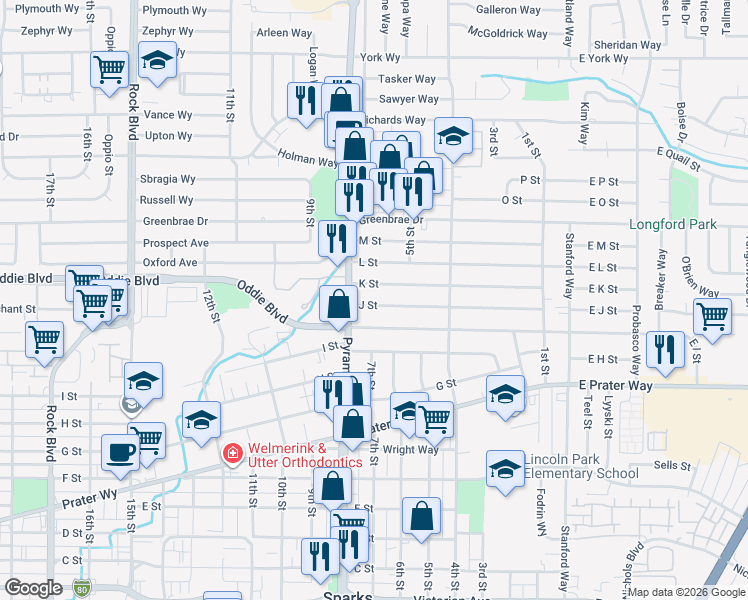 map of restaurants, bars, coffee shops, grocery stores, and more near 660 J Street in Sparks