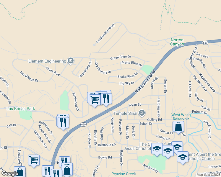 map of restaurants, bars, coffee shops, grocery stores, and more near 3540 Balboa Drive in Reno