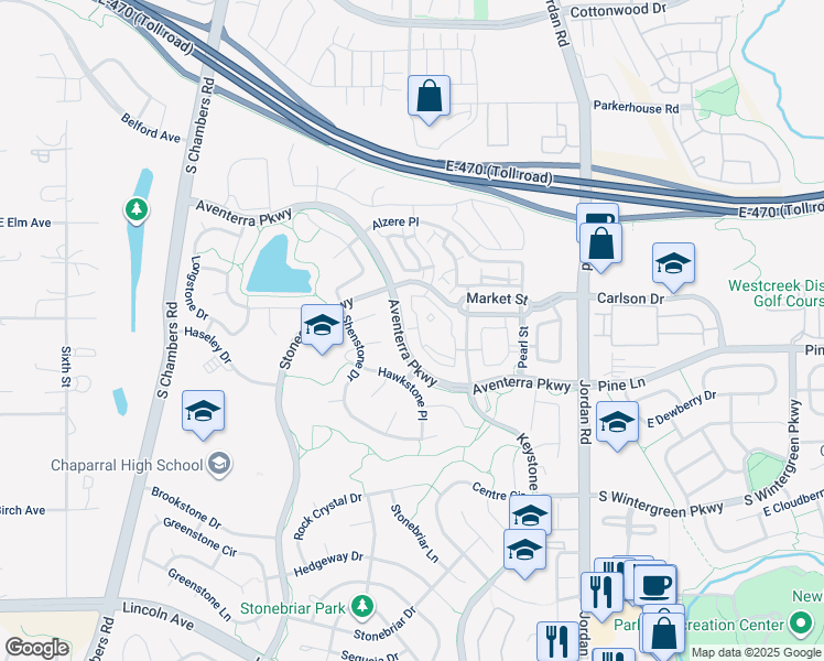 map of restaurants, bars, coffee shops, grocery stores, and more near 9447 Aventerra Parkway in Parker