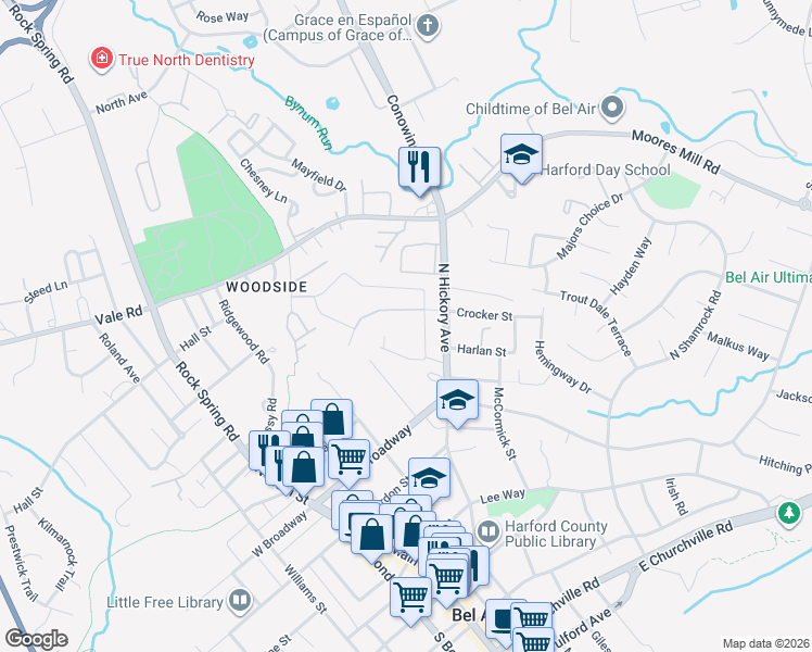 map of restaurants, bars, coffee shops, grocery stores, and more near 221 Crocker Drive in Bel Air