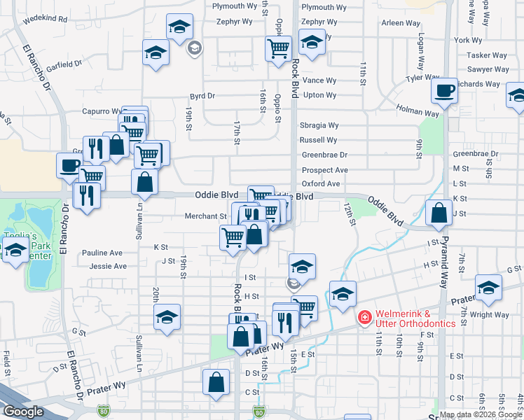 map of restaurants, bars, coffee shops, grocery stores, and more near 1630 Merchant Street in Sparks