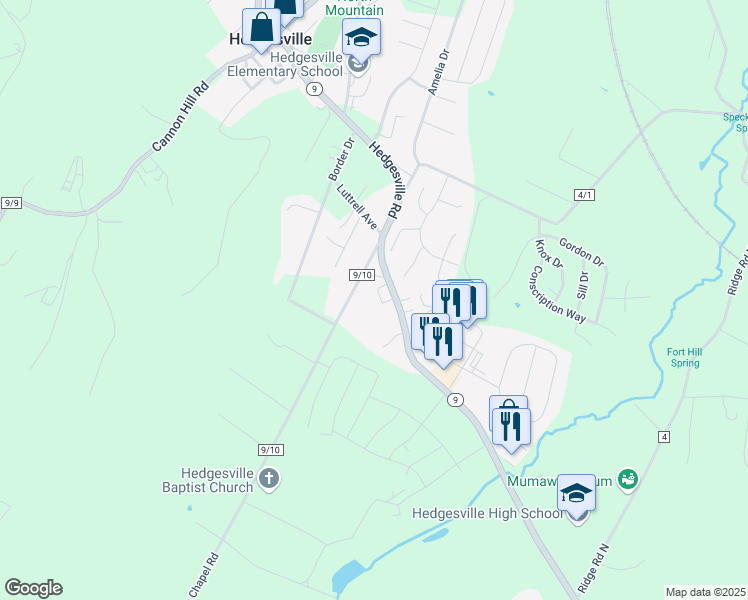 map of restaurants, bars, coffee shops, grocery stores, and more near 4217 Hedgesville Road in Hedgesville