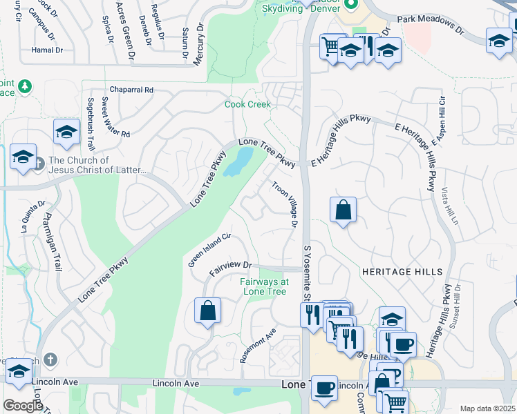 map of restaurants, bars, coffee shops, grocery stores, and more near 9448 Southern Hills Circle in Lone Tree