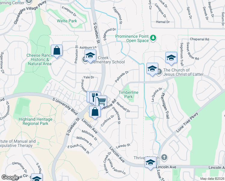 map of restaurants, bars, coffee shops, grocery stores, and more near 9474 Palisade Court in Littleton