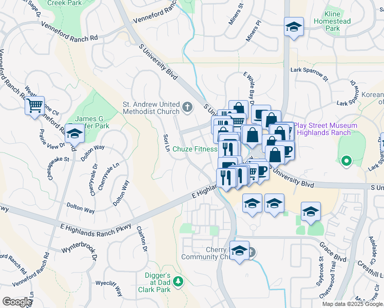 map of restaurants, bars, coffee shops, grocery stores, and more near 9493 Pendio Court in Littleton