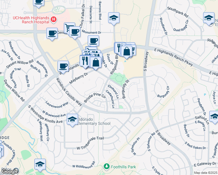 map of restaurants, bars, coffee shops, grocery stores, and more near 9461 Elmhurst Lane in Highlands Ranch