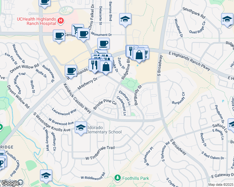 map of restaurants, bars, coffee shops, grocery stores, and more near 9461 Elmhurst Lane in Highlands Ranch