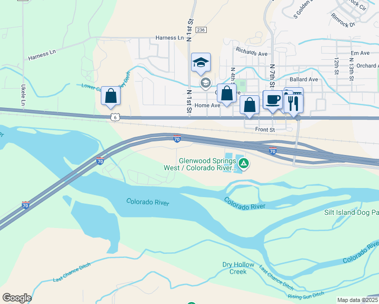 map of restaurants, bars, coffee shops, grocery stores, and more near 32956 River Frontage Road in Silt