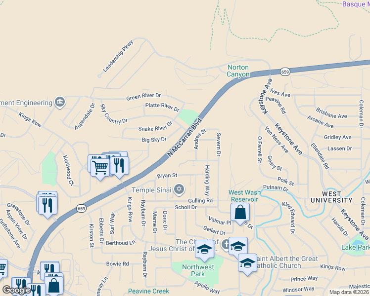 map of restaurants, bars, coffee shops, grocery stores, and more near 2640 Emily Street in Reno