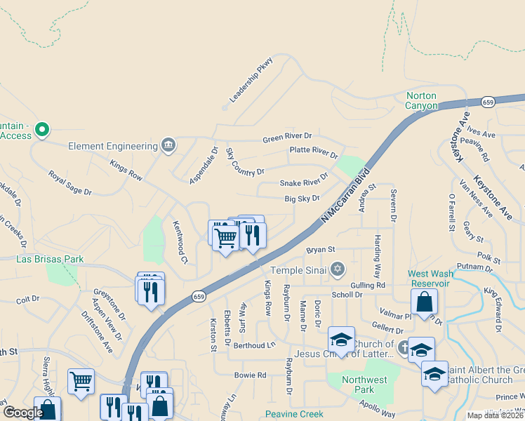 map of restaurants, bars, coffee shops, grocery stores, and more near 3540 Balboa Drive in Reno