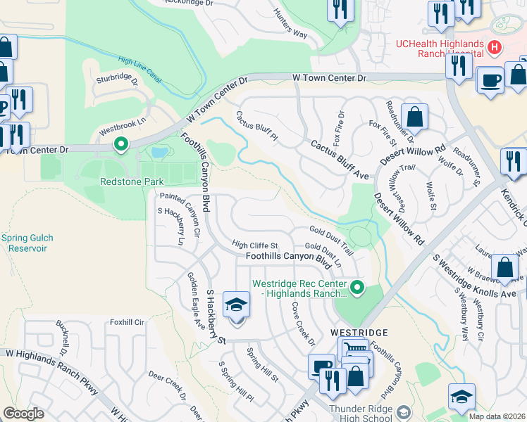 map of restaurants, bars, coffee shops, grocery stores, and more near 2574 Cove Creek Court in Littleton