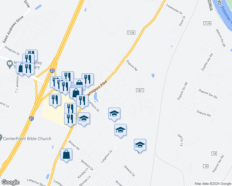 map of restaurants, bars, coffee shops, grocery stores, and more near 182 Magellan Street in Martinsburg
