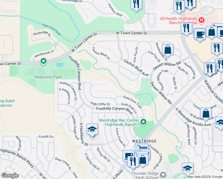 map of restaurants, bars, coffee shops, grocery stores, and more near 2447 Cove Creek Court in Littleton