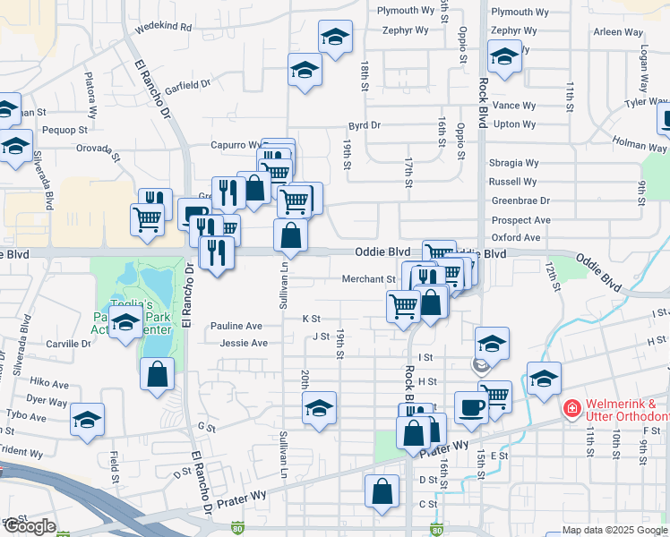map of restaurants, bars, coffee shops, grocery stores, and more near 1889 Merchant Street in Sparks