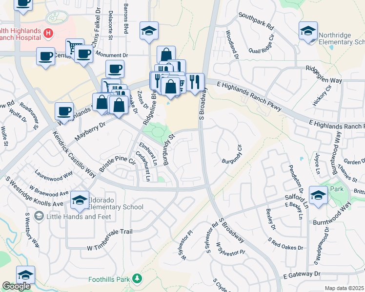 map of restaurants, bars, coffee shops, grocery stores, and more near 355 West Burgundy Street in Highlands Ranch