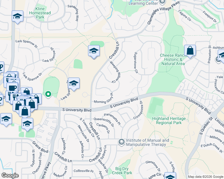 map of restaurants, bars, coffee shops, grocery stores, and more near 5209 Morning Glory Place in Highlands Ranch