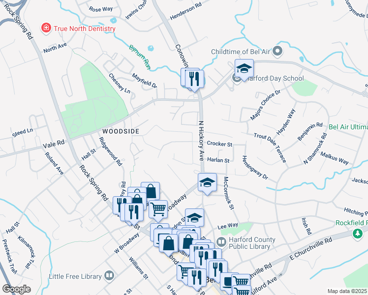 map of restaurants, bars, coffee shops, grocery stores, and more near 219 Crocker Drive in Bel Air